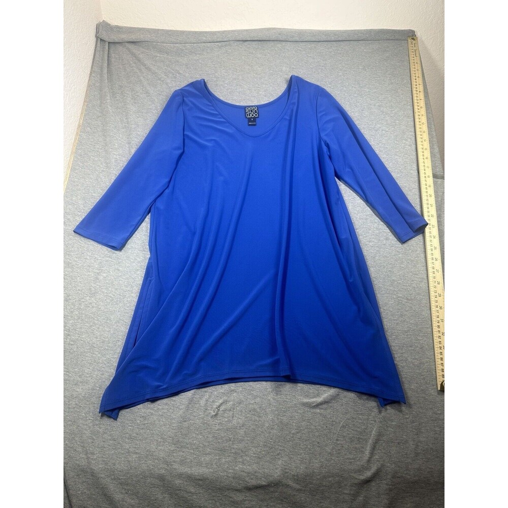 Clara Sun Woo Slinky Asymmetrical Hem Tunic Top Blue S Blouse Stretch‎ 3/4